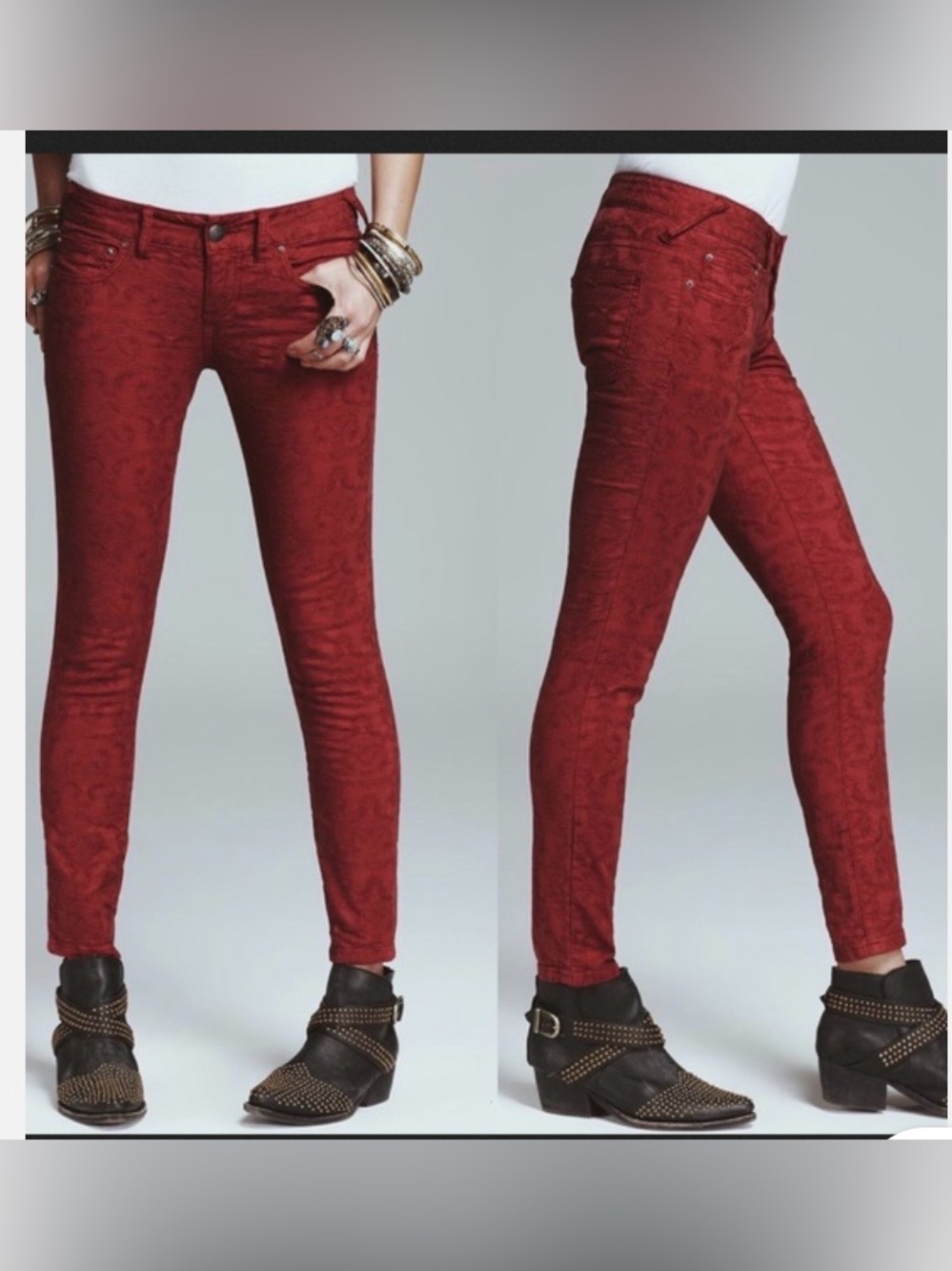 Free People Jacquard Cranberry Red Raised Print Skinny Jeans Size 26